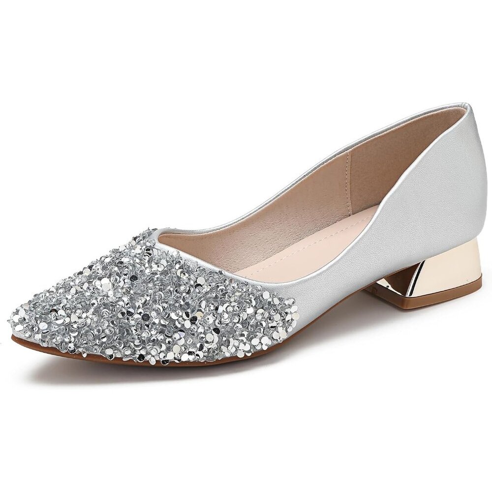 🆕Women's Silver Pumps Closed Toe Chunky Heels for Comfortable Work Pumps Shoes